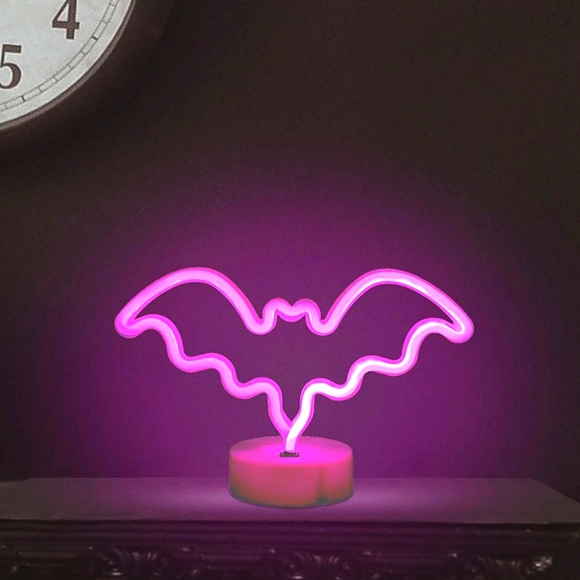 NEW LED Pink Neon Bat Halloween Decor Bat Shape Neon Signs Goth Wireless - Picture 1 of 6